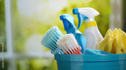 Cleaning products in bucket on window background. Cleaning service concept