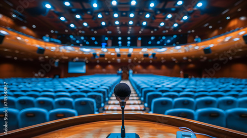 Microphone in conference hall or meeting room with blue seats and blurred background