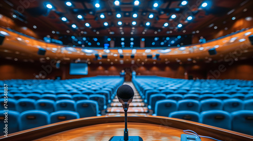 Microphone in conference hall or meeting room with blue seats and blurred background photo