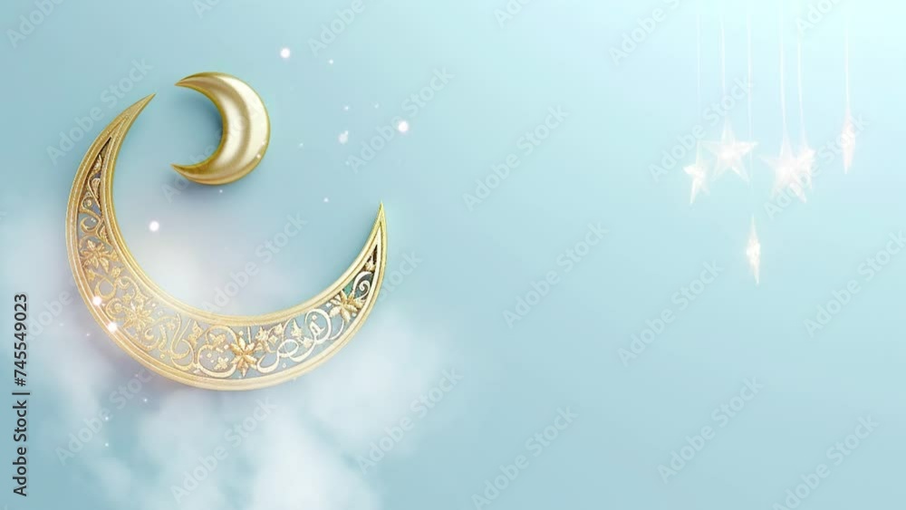 ramadan eid mubarak with crescent moon with islamic ornament and stars with glitter in isolated background ramadan eid mubarak with crescent moon with islamic ornament and stars with glitter in isolated background