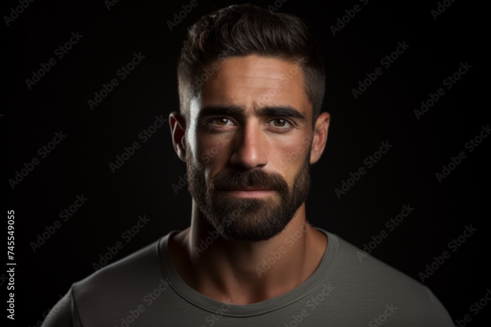 Portrait of a handsome young man with a beard on a black background