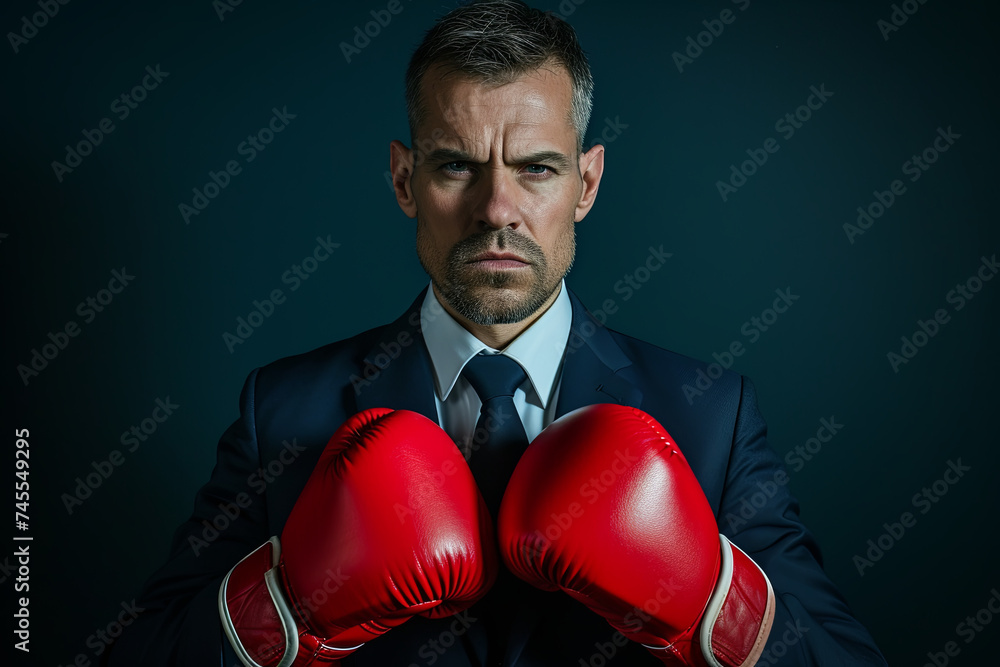Business Battleground: A Businessman Ready for the Corporate Fight Wearing Boxing Gloves Business Battleground: A Businessman Ready for the Corporate Fight Wearing Boxing Gloves