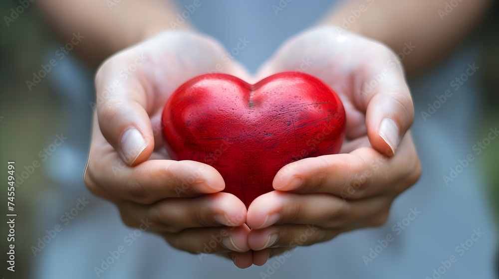 Red heart in the hands of a young woman. Selective focus. Heart care concept Red heart in the hands of a young woman. Selective focus. Heart care concept