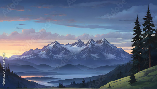 Beautiful view of the Blue Hour after sunset over the mountains. Cartoon or anime Illustration style.