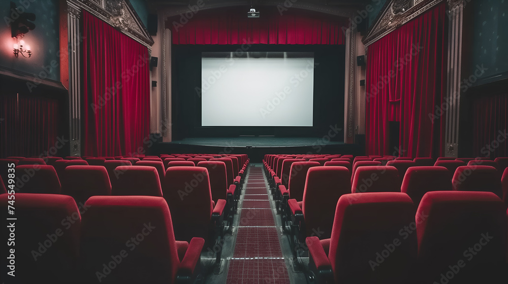 Empty cinema auditorium with red seats and blank white screen on the wall