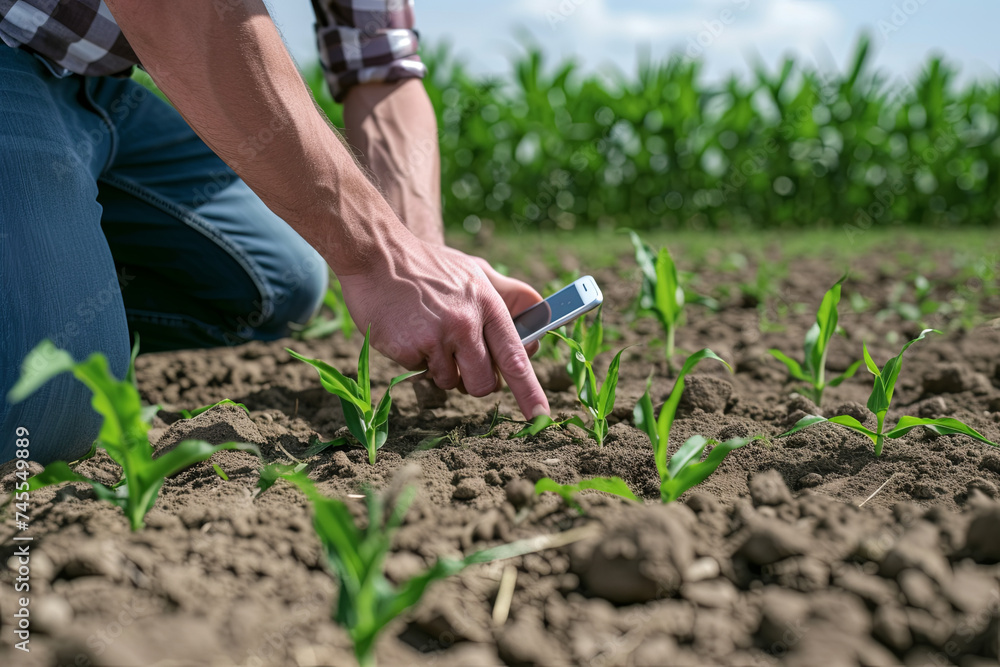 A Farmer Records Corn Sapling Data Using a Smartphone