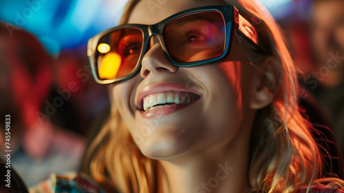 Close-up of a young girl in 3D glasses at the cinema