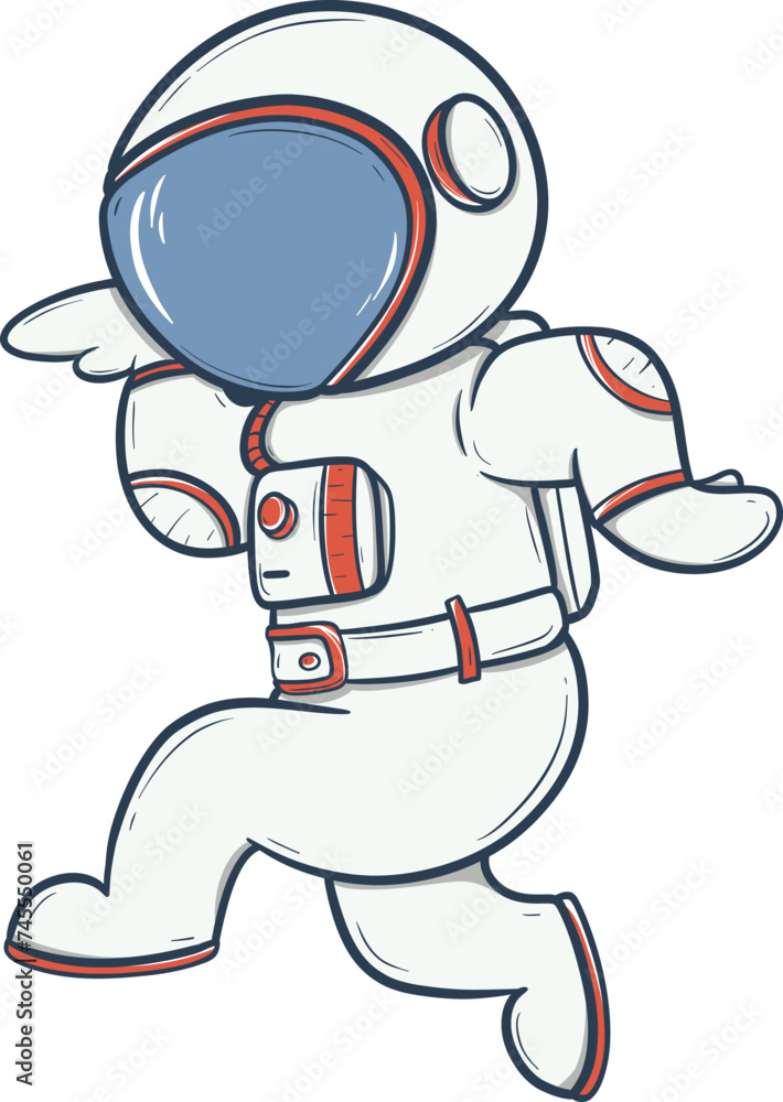 cute astronaut in space suit is walking with funny pose