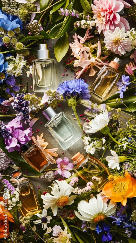 Artisanal perfume bottles surroune by fresh flowers natures fragrance capture