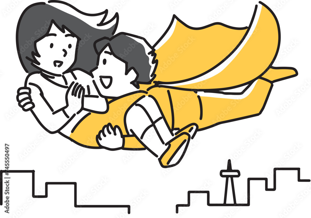 Fototapeta premium 女性を持ち上げて飛ぶスーパーサラリーマン