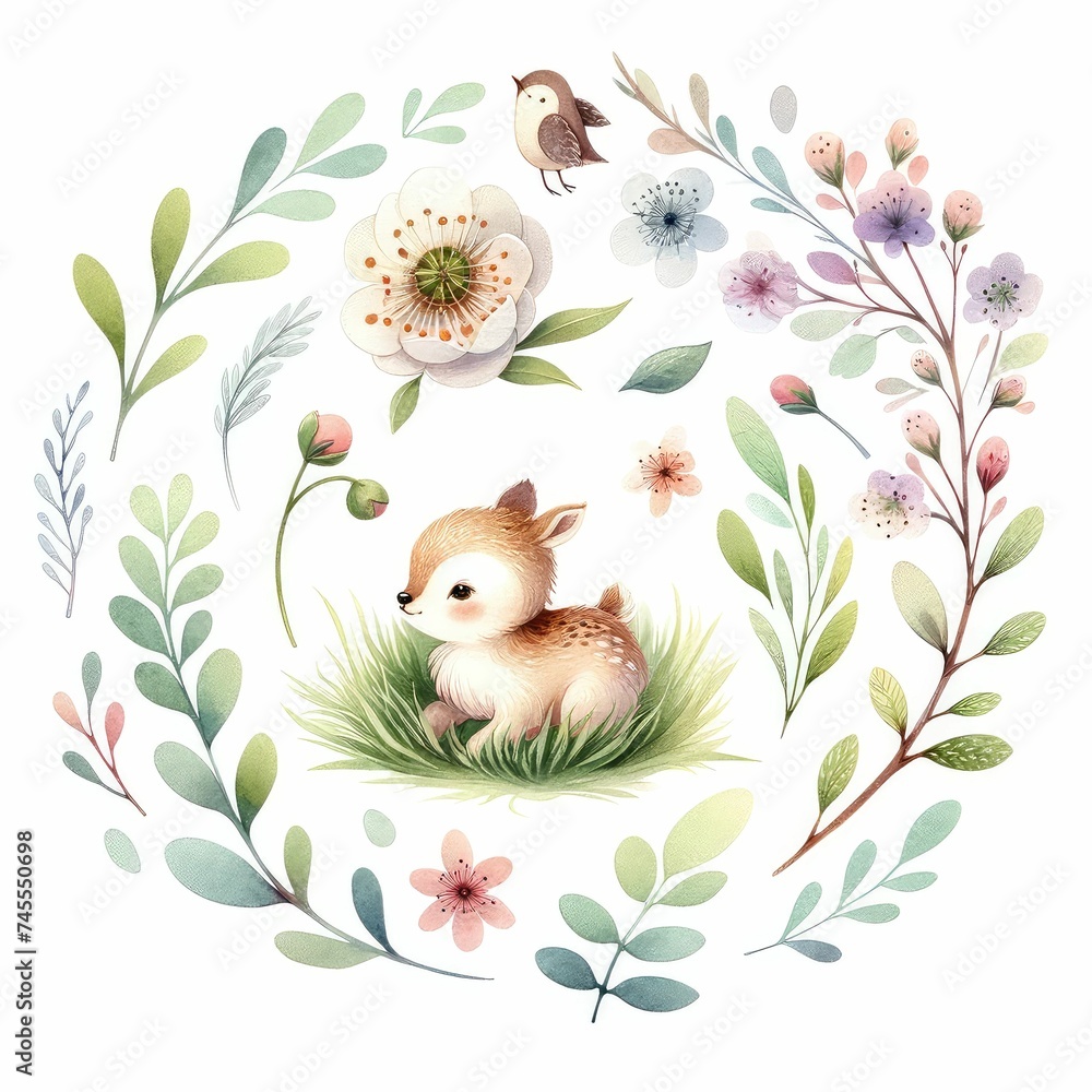 Spring wildlife and ecosystems. watercolor illustration, Collection of watercolor spring forest elements isolated on white background. Spring wildlife and ecosystems. watercolor illustration, Collection of watercolor spring forest elements isolated on white background.