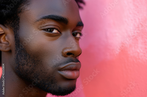 Portrait of handsome Afro-American man with  beard on a pink background. Copy space for text, advertising, message, logo. © CFK