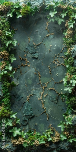 Green Background with Natural Frame with Mossed Lichen in the Style of Miniature Sculptures - Composition Landscape Illustration Graphic Rock Inspired Nature created with Generative AI Technology