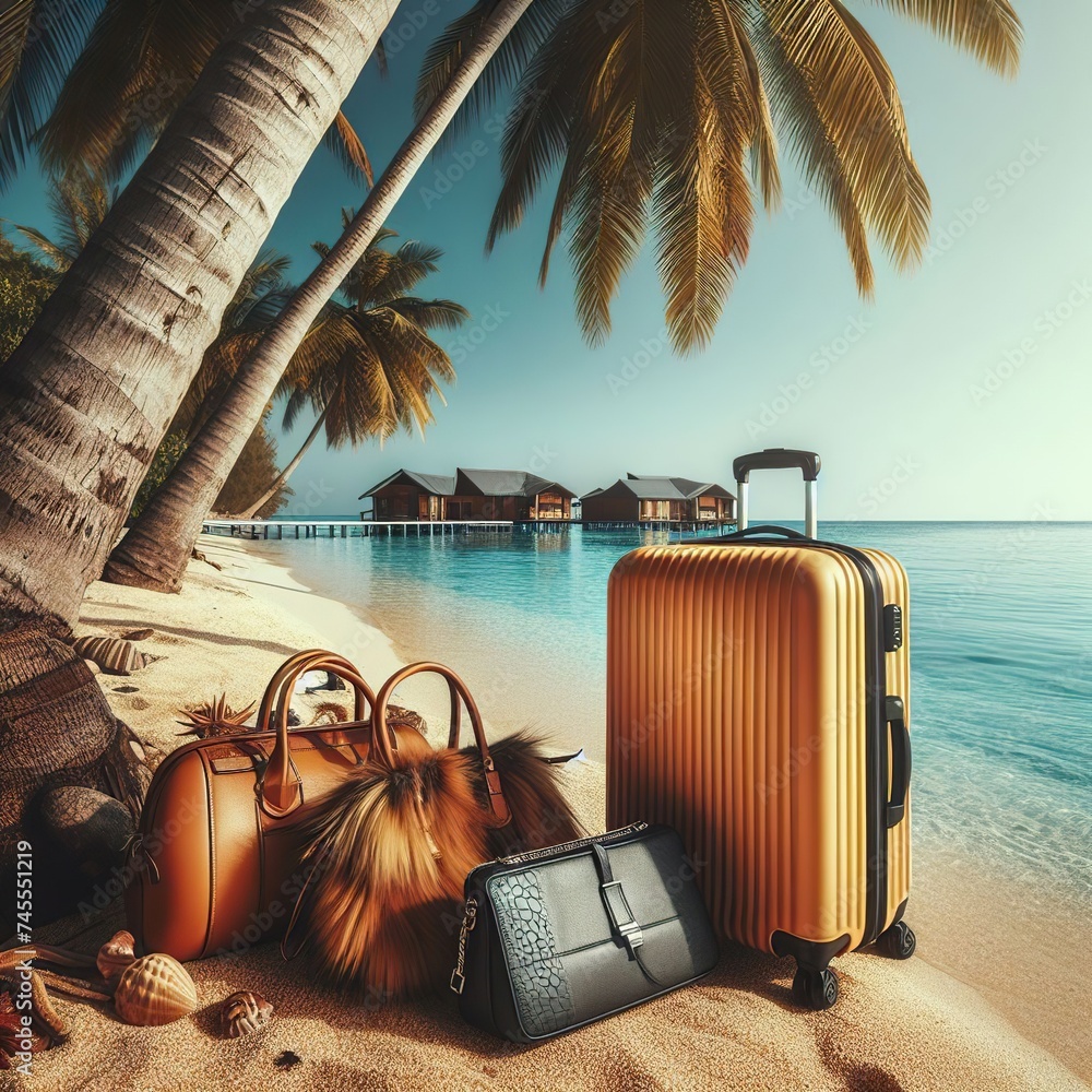 Fototapeta premium big yellow suitcase, three women's bags on the sandy shore of a marvelous blue ocean, big palm trees