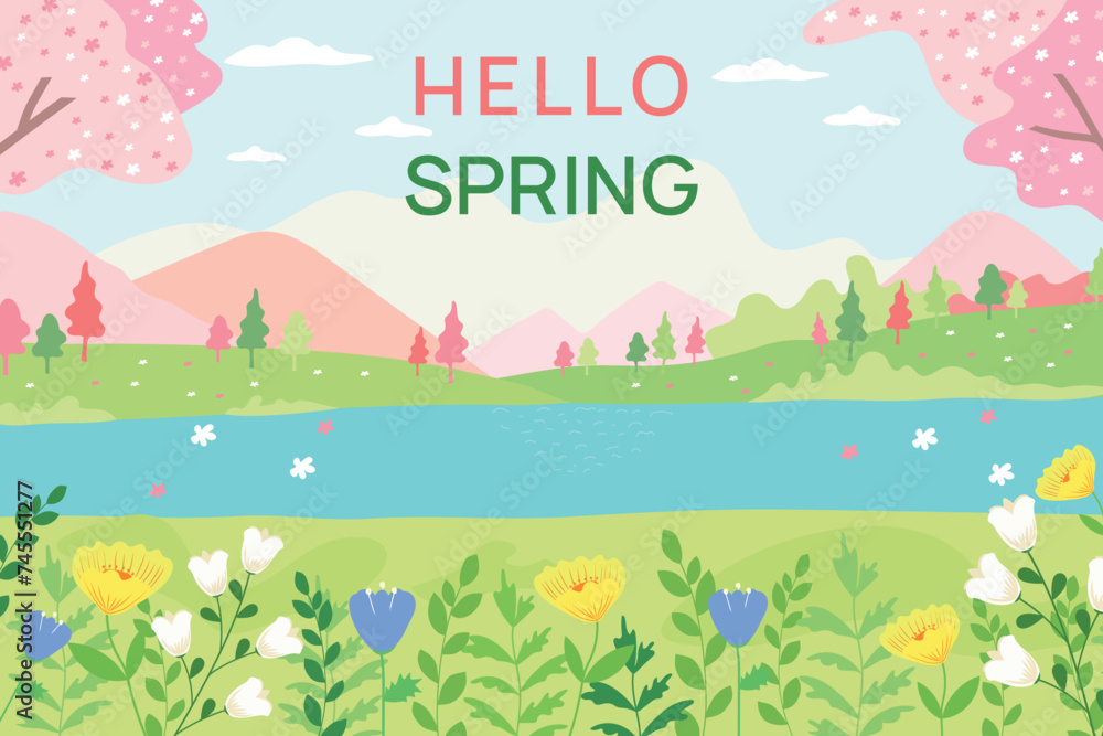 Spring landscape. Vector spring background. Hello Spring.