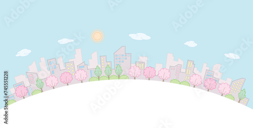桜の咲く街並み. 春の街並み. 点画のベクターイラスト.