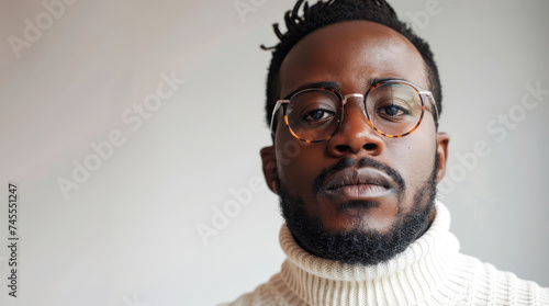 Portrait of handsome Afro-American man with glasses and beard. Copy space for text, advertising, message, logo.