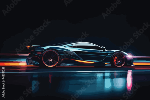 Speeding Sports Car On Neon Highway. Powerful acceleration of a supercar on a night track with colorful lights and trails. 3d render
