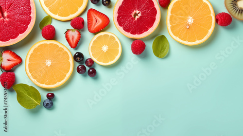 Top view of delicious slices of fresh fruits and berries islolated on pastel background
