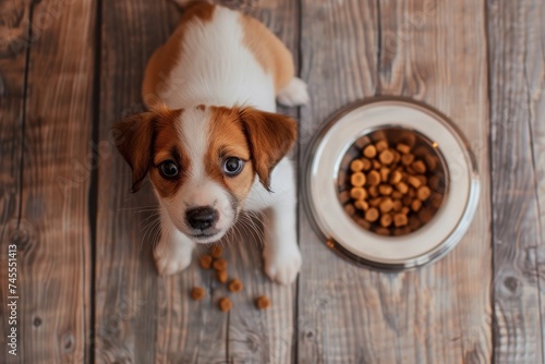A little dog eats from a full bowl of dog food on a wooden floor. Generative AI.