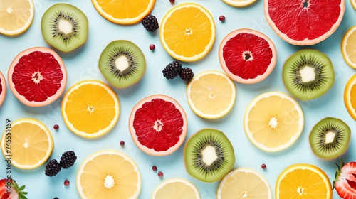 Top view of colorful delicious slices of fresh fruits and berries islolated on pastel background