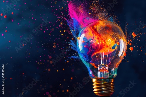 Creative light bulb explodes with colorful paint and colors new idea concept. Generative AI.