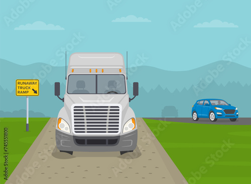 Truck with braking problems stopped on a runaway truck ramp. Front view of a heavy goods vehicle. Flat vector illustration template.