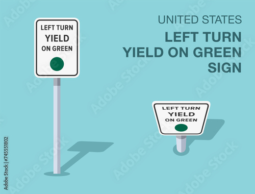 Traffic regulation rules. Isolated United States left ruen yield on green sign. Front and top view. Flat vector illustration template. photo