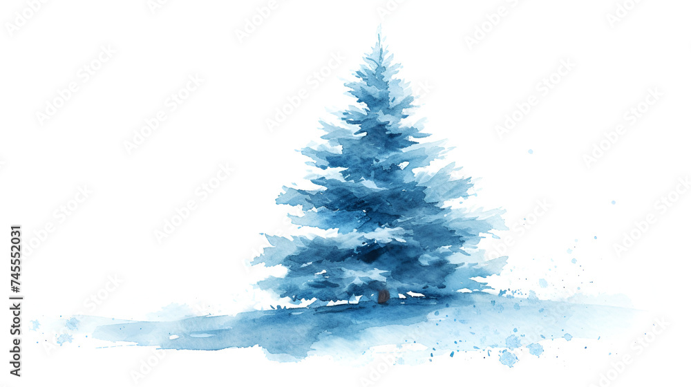 Watercolor winter blue Christmas tree, generative ai