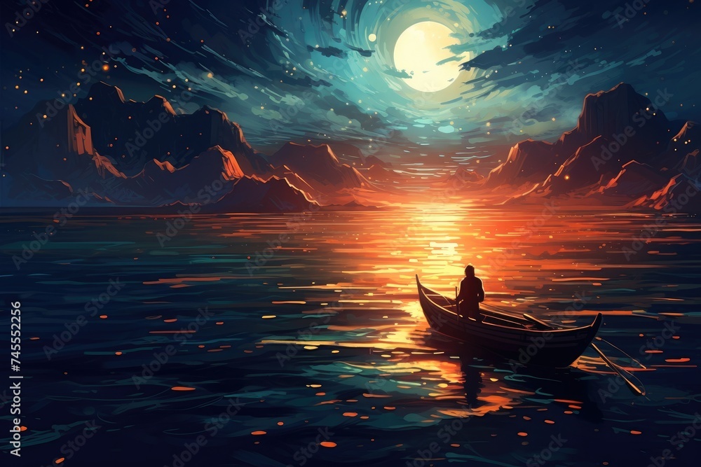 night scenery of a man rowing a boat