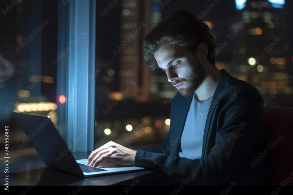 a young bearded man working late on his laptop, by a city window a young bearded man working late on his laptop, by a city window
