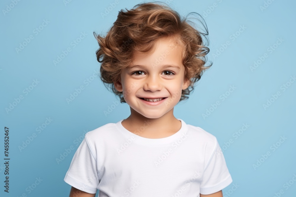 Portrait of a smiling little boy in a white t-shirt on a blue background Portrait of a smiling little boy in a white t-shirt on a blue background
