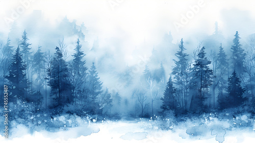 Watercolor winter snow forest and blue background, generative ai