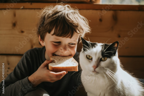 a young boy playfully peers through a bite he has just taken out of his sandwich and smiles as his pet cat curiously looks on