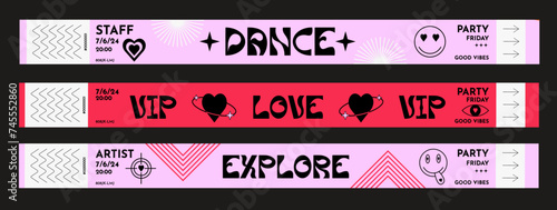 Set of control tickets mockup for parties, events, festivals, open-air, disco, raves, staff, artist, VIP. Collection of vector festival paper bracelet in a bold, groovy, funky, cartoon, pink red style photo