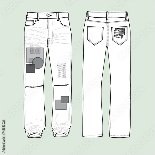 Silhouette of straight leg jeans with patchwork and repair.