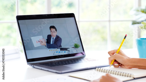 Video conference, Work from home, Businessman making video call to employee with virtual web


