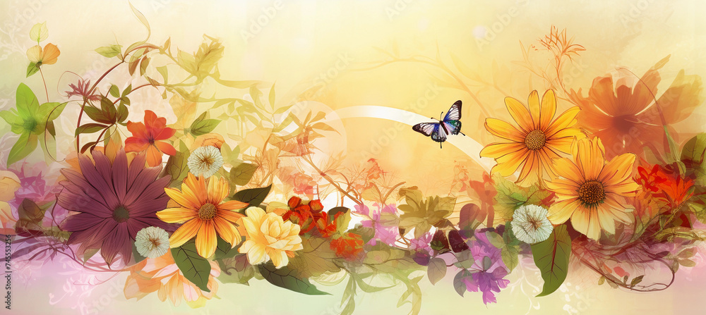 Sunny watercolour background with flowers of the European summer. AI generative