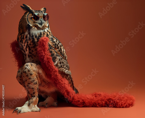 Creative animal concept. Brown Owl bird in luxury wealthy fancy chic luxurious impeccable Fur feather fabric outfits isolated on bright background advertisement, copy text space	 photo