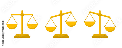 Yellow golden weight judicial scale law and unfair judgment icon flat vector design
