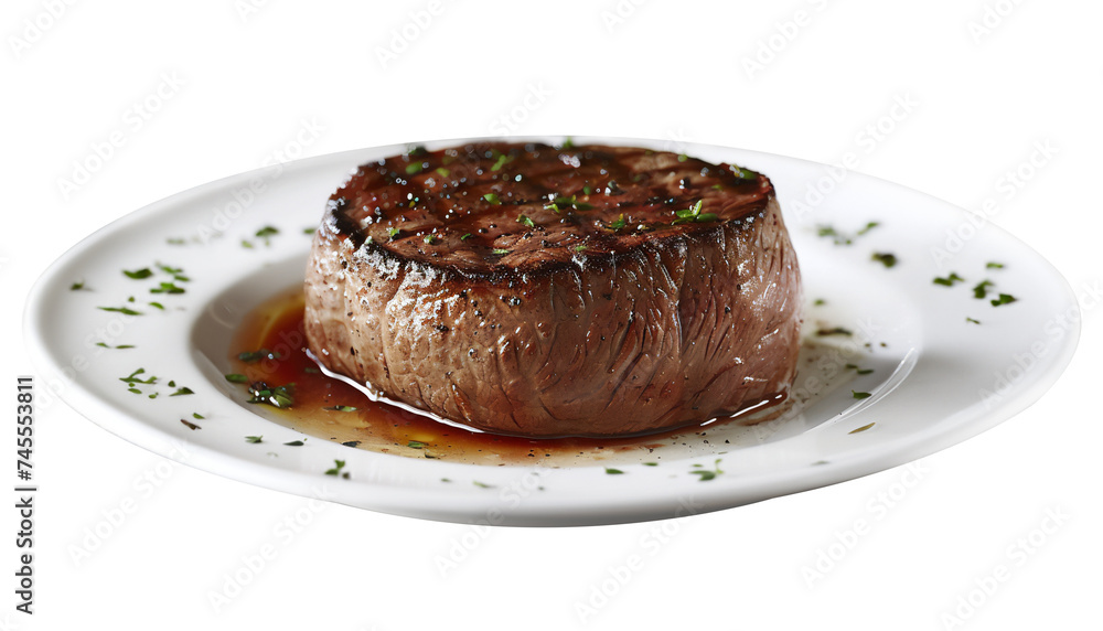 medium-rare steak, resting on a white porcelain plate