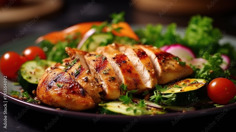 Grilled chicken breast, fillet and fresh vegetable salad. Healthy lunch menu