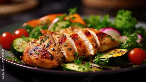 Grilled chicken breast, fillet and fresh vegetable salad. Healthy lunch menu