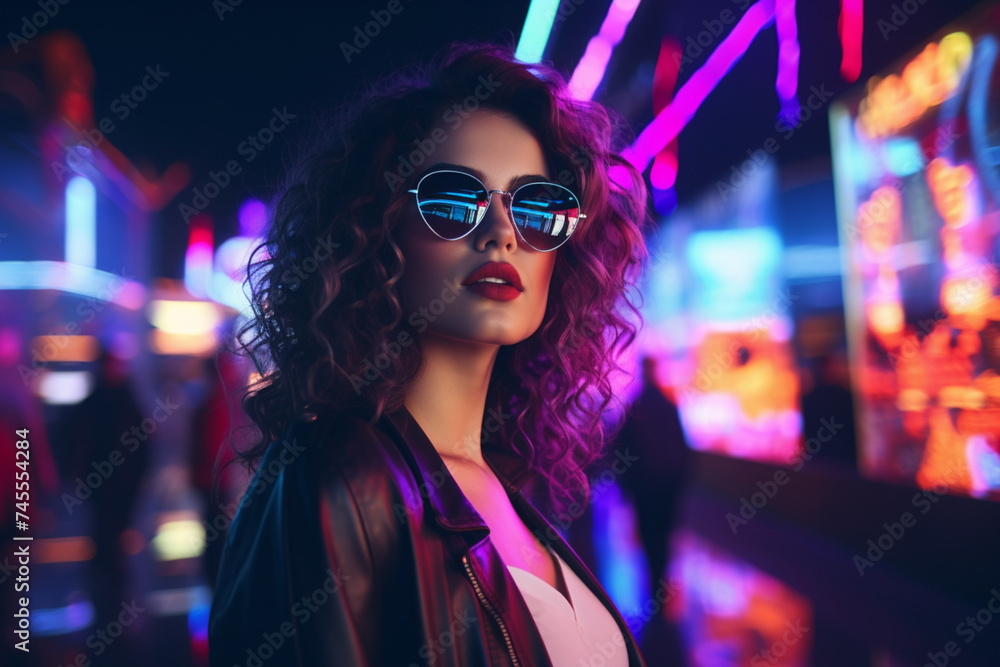 a young curly-haired tourist with light makeup in glasses looks around while standing near the bar with a colorful neon sign against the nighttime a young curly-haired tourist with light makeup in glasses looks around while standing near the bar with a colorful neon sign against the nighttime