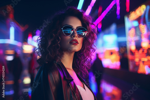 a young curly-haired tourist with light makeup in glasses looks around while standing near the bar with a colorful neon sign against the nighttime