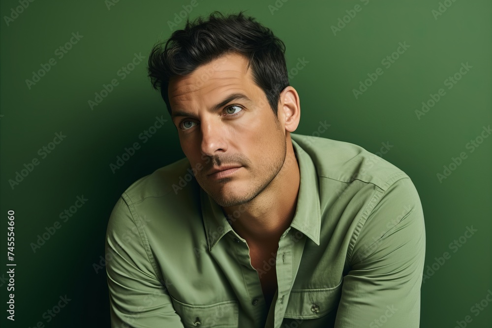 Portrait of a handsome young man in a green shirt. Men's beauty, fashion. Portrait of a handsome young man in a green shirt. Men's beauty, fashion.