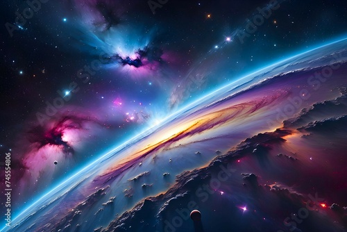Galaxy space background with a planet surface