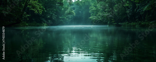 Serene Misty River Through Lush Forest. A tranquil misty river flowing gently through a dense green forest. © AI Visual Vault