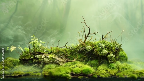 Moss and Sticks on the Green Background in the Style of Miniature Dioramas - Earth Tone Colors Palette Nature's Wonder with Smokey Background created with Generative AI Technology