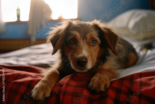 a young dog lying on bed looking at camera